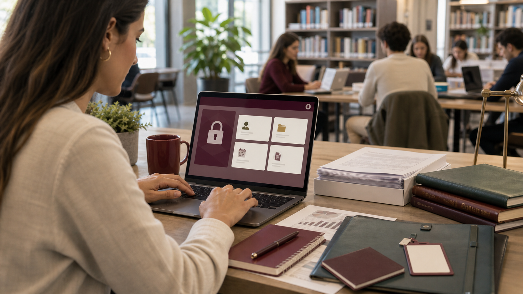 Portátil con acceso seguro a documentación privada de socios en una biblioteca universitaria
