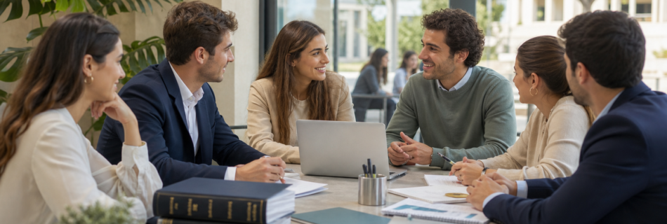Grupo de estudiantes y jóvenes profesionales conversando en una reunión universitaria