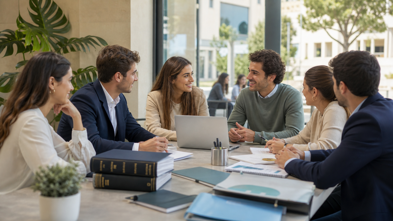 Grupo de estudiantes y jóvenes profesionales conversando en una reunión universitaria