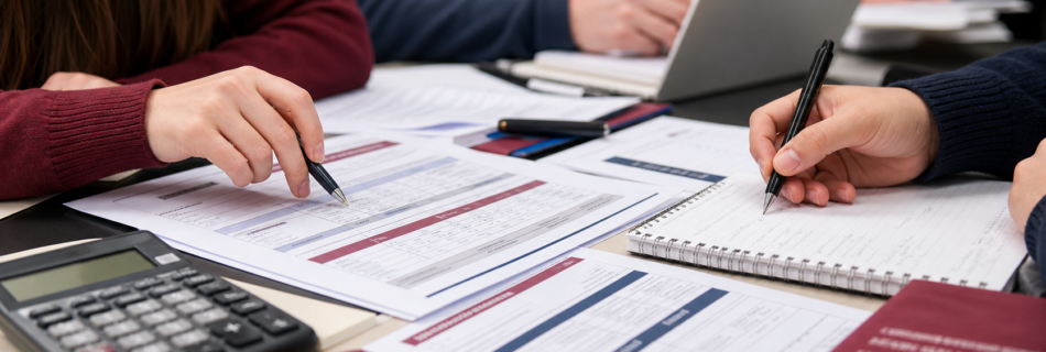 Mesa de formación con nóminas, calculadora y apuntes de derecho laboral