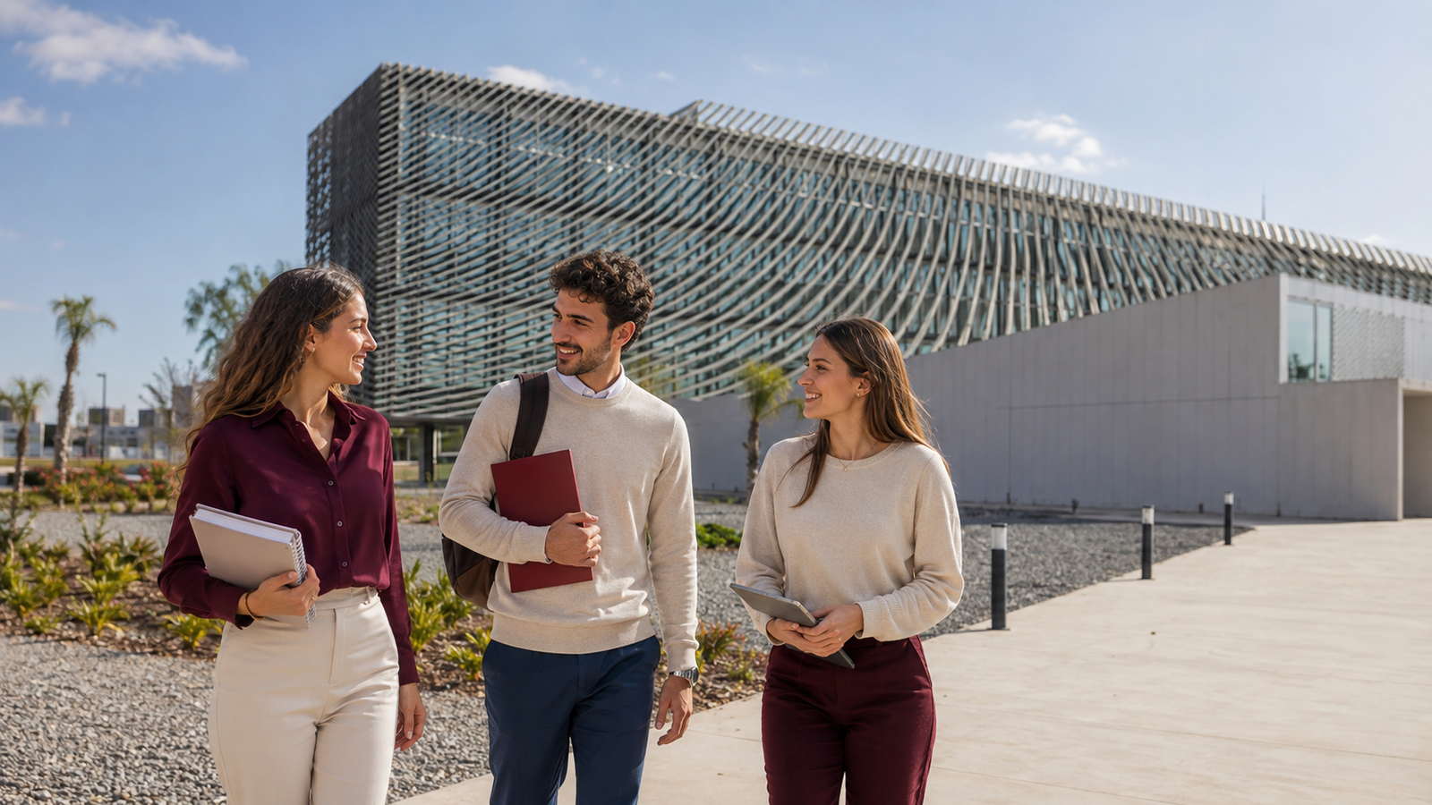 Recreación del campus de la UAL con tres personas ficticias conversando